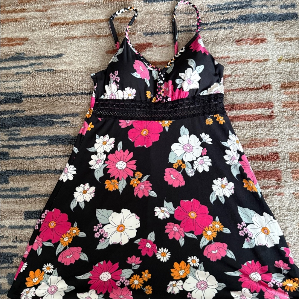 Floral V-Neck Black Tank Dress with Pink & White Blooms
